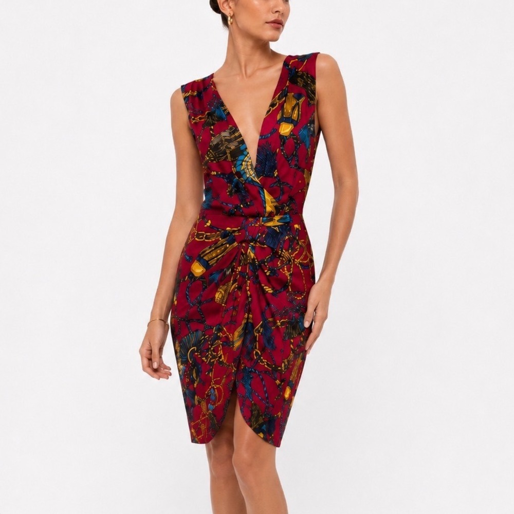 Love Moschino Sheath Dress Women's 10 Red Multicolor V Neck Italian Designer